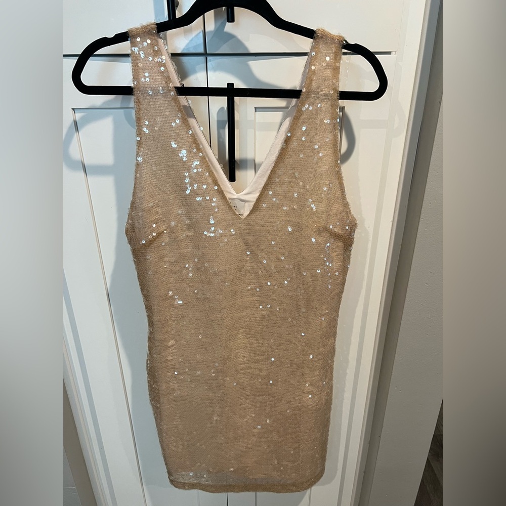 Sequin Cream Sleeveless Slip On Dress